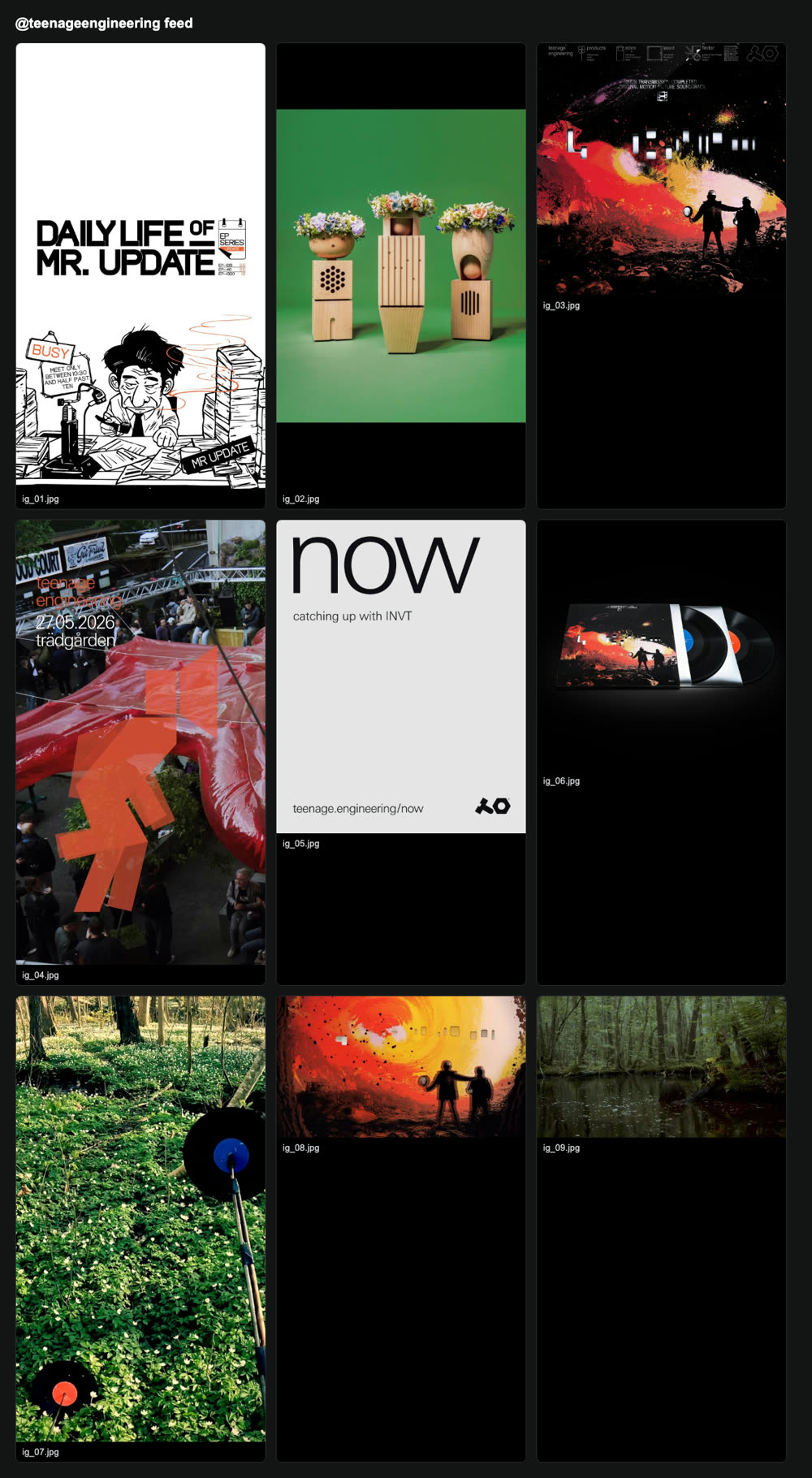 Nine recent posts I pulled from the real @teenageengineering Instagram feed